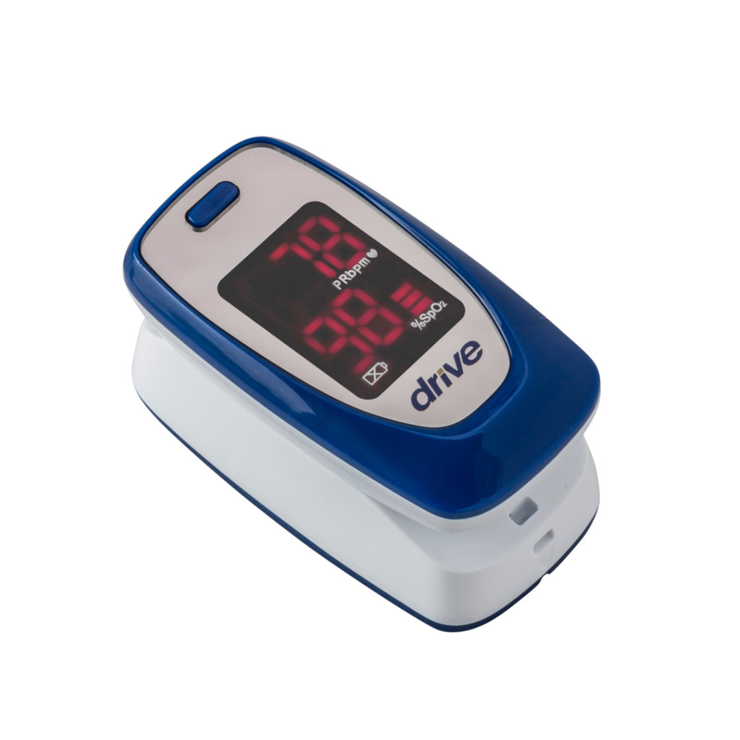 The Drive Fingertip Pulse Oximeter, in blue and white, shows oxygen saturation and pulse rate on a digital screen. The "drive" logo appears below the display, combining modern style with practical usability.